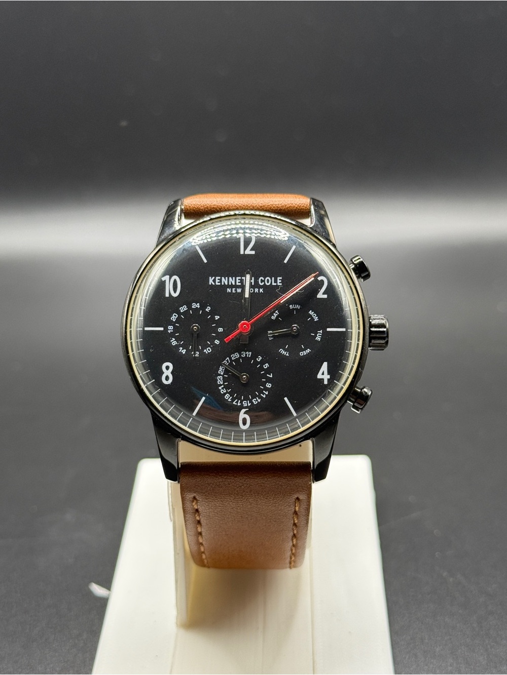 Kenneth Cole New York Mens Watch Black Dial Multi Function Subdials Tan Strap
